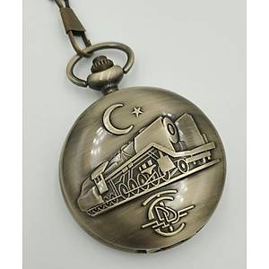 Klasik Kuvars K�stekli Cep Saati Bronz Antika Kemer Zincirli TCDD Tren Desenli