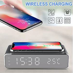Qi Kablosuz Telefon �arjl� LED 12/24 �alar Saat Dijital Masa Saat Termometre 