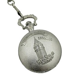 Klasik Kuvars K�stekli Cep Saati Silver Antika Kemer Zincirli Galata Kulesi Desenli