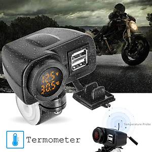Motosiklet Gidon �ift Usb H�zl� �arj Cihaz�, Termometre, Voltmetre Test Su ge�irmez