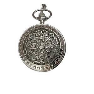 Kuvars K�stekli Cep Saati Silver Antika Kolye D�rt Yaprak Desenli