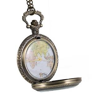 Klasik Kuvars K�stekli Cep Saati Bronz Antika Kolye Zincirli D�nya Haritas� Desenli