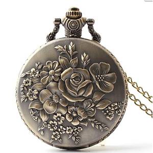 Kuvars K�stekli Mini Cep Saati Kolye Silver G�l �i�ek Desen