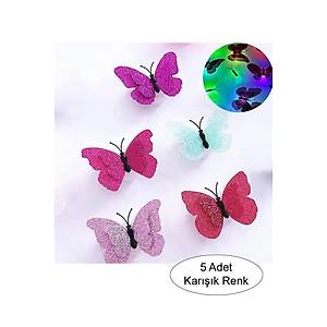 5 Adet Kar���k Renk Kelebek Dekor LED Renk Simli Duvar Etiket