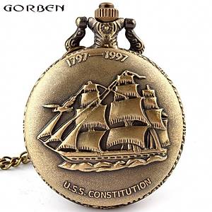 Klasik Kuvars K�stekli Cep Saati Bronz Antika Kolye Zincirli Yelkenli Gemi Desenli