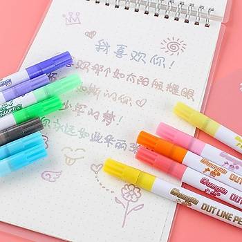 Çift Hat Out Line Pen 12 Renk Kontür Vurgulayıcı Dekoratif 1mm Uç