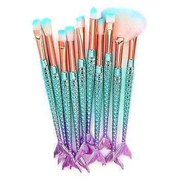 10 lu Set Mavi Denizkızı Makyaj İnce Fırça Set Güzellik Kozmetik Ekipmanları