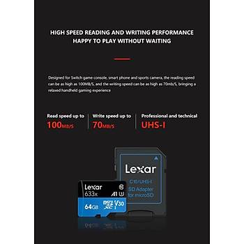 Lexar Mikro Sd Kart 633x 64Gb Snf 10 1080p Full HD 3D ve 4K Video  