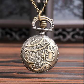 Kuvars Köstekli Mini Cep Saati Kolye Bronz Yusufcuk Desen