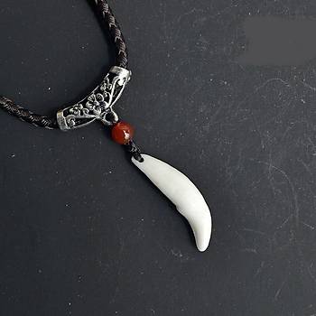 Do�al Tibet Beyaz Kurt Di�i Kolye Ayarl� �rg� �pli Metal Charm Boncuklu