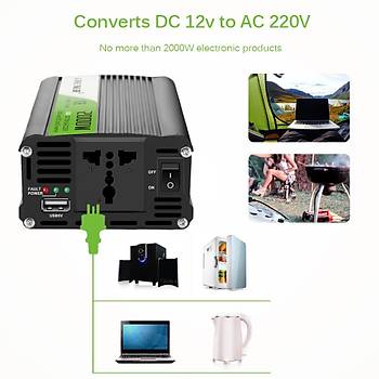 Araç İnvertör DC 12V dan AC 220V?a 2000W Gerilim Dönüştürücü Çift USB Çıkış