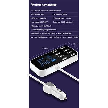 8 USB Portlu LED Ekran Ara ve Masast arj  Adaptr 40W 2.4A 