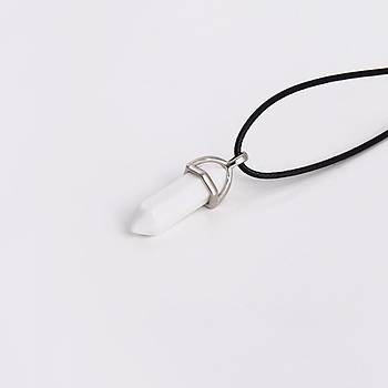 Kuvars Kristal Kolye White Jade Altgen Stun Siyah Suni Deri Kordon 