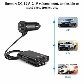 QC3.0 Araç Şarj 4 USB Portlu Ön Arka Koltuk Klip Yolcu Adaptörü 