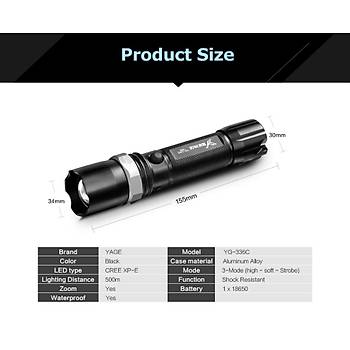 CREE LED El Feneri Odak Ayarl Zoomlu 18650 arjl + Adaptr  