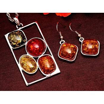 Vintage Retro Gümüş Kaplama Afrikan Amber Kolye Küpe Takı Seti 