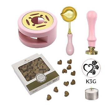 Davetiye Mum Mhr Uygulama Seti Pembe Renk K3G Kalp 3 Gl