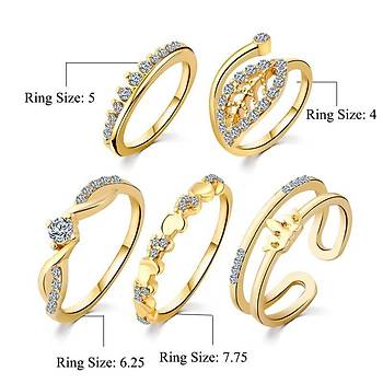 5 li Yüzük Set Zirkon Taşlı Altın Kaplama Taç Kristal Yaprak Dese