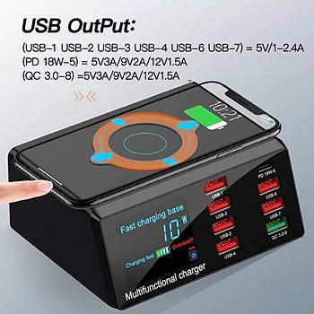 100W 8 Port USB Hızlı Şarj Cihazı PD QC3.0 HUB Qi Kablosuz Şarj 