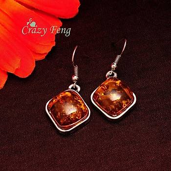 Vintage Retro Gümüş Kaplama Afrikan Amber Kolye Küpe Takı Seti 