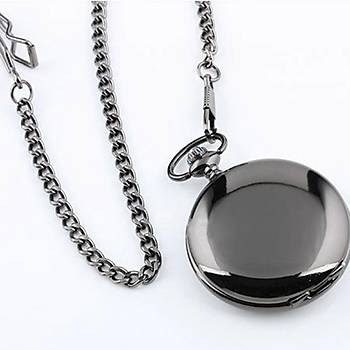 Kuvars Köstekli Mini Cep Saati Kolye Gun Black Düz Yüzey Desen