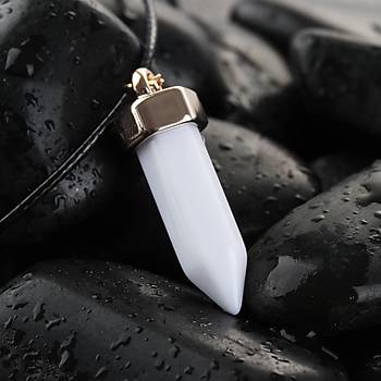 Kuvars Kristal Kolye White Jade Altgen Stun Siyah Suni Deri Kordon 