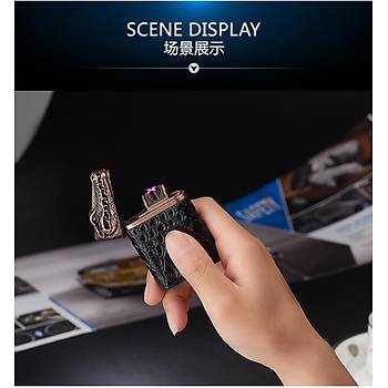 Çift Ark G Sensör Plazma Çakmak Deri Metal Timsah Desen Elektrikli USB Þarjlý 