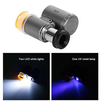 Mini Mikroskop Cep Büyüteç 60X Cam Mercek 2 LED 1 UV Iþýk Çantalý