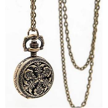 Kuvars Köstekli Mini Cep Saati Kolye Silver Çiçek Altıgen Desen