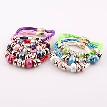 Deri Bilezik Mavi Boncuk Zirkon Taşlı Manyetik Tokalı Bileklik