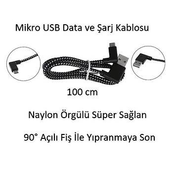 Mikro USB Android Şarj Data Veri Kablosu 100 cm Naylon Örgülü Sağ Dirsek Açı Soket