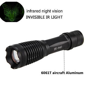 10W 940nm IR Led Gece Görüş Kızılötesi Odaklanabilir Taktik El Feneri Avcılık 