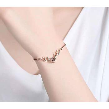 Geyik Boynuzu Şeklinde Projeksiyon Bileklik 100 Dilde Seni Seviyorum Rose Gold