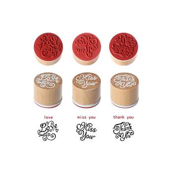 Ahşap Damga 3?lü Mühür Set Love - Miss You - Thank You Temalı