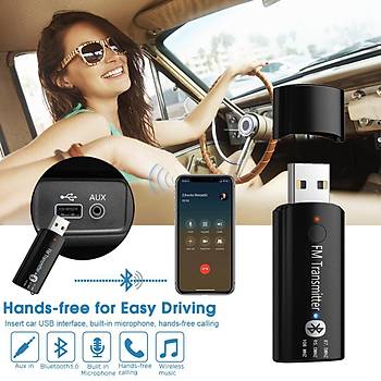 Bluetooth 5.0 FM Hifi Ses Müzik Verici USB Adaptörü 3.5mm Aux Araç Ev Tv