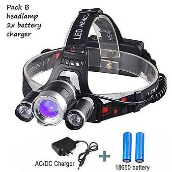 Uv + 2 Beyaz Led Zoom Ayarl Kafa Lambas + 2*18650 Pil + Duvar arj Cihaz