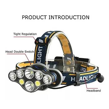 3300LM 8 Led Kafa Feneri 8 Modlu 2T6 + 4 * XPE + 2 *Cob Led 2 �akar K�rm�z� Uyar� 