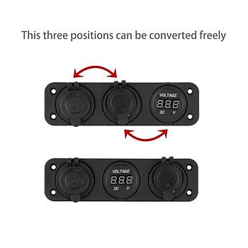 Ara akmak Soket + Dijital Voltmetre + 12V ift USB Adaptr 3 in 1 