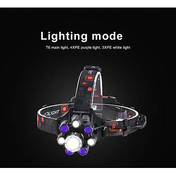 UV Kafa Feneri 8 x T6 Led Far Yamur Geirmez 9 modlu 2 dmeli Usb arjl 