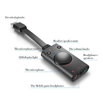 Harici USB 2.0 Ses Kart Stereo Mic Hoparlr Kulaklk Ses 3.5mm Jack 