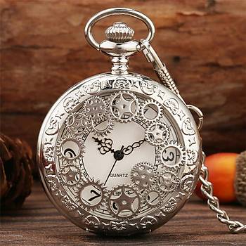 Kuvars Köstekli Cep Saati Silver Antika Kolye Dişli Çark Desenli