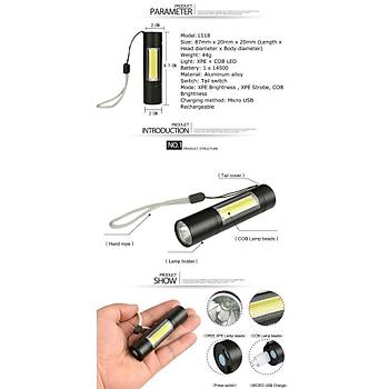 USB Şarjlı Parlak EDC LED Fener 1518 XPE+COB 1000lm 3Mod XANES