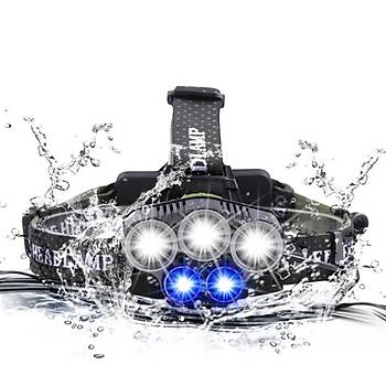 USB Şarjlı Led Kafa Far 3 T6 Beyaz Led + 2 Q5 Mavi Led 10000lm Balıkçılık Lambası 