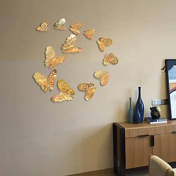 Ev Dekorasyon 3D Metalik Pirinç Renk Oyma PVC Kelebek 12 li Süsleme Model W3