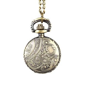 Kuvars Köstekli Mini Cep Saati Kolye Bronz Çiçek Sarmaşık Desen