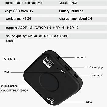 Bluetooth 4.2 NFC Ses Alýcý Verici Rx-Tx Adaptörü APTX LL