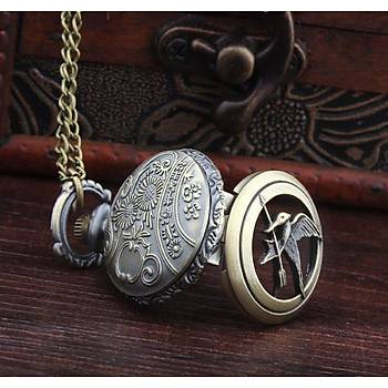 Kuvars Köstekli Mini Cep Saati Kolye Silver Arrow & Swallow Desen