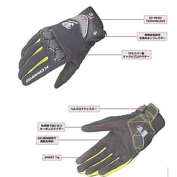 Motorsiklet Yazlk Eldiven KOMINE GK162 3D rg Teknolojisi Sar/Siyah XL 