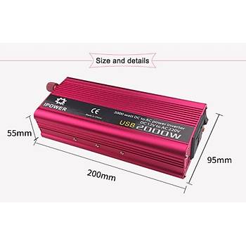 �ift USB 2000W 12V to 220V G�� �nvert�r� �arj D�n��t�r�c� Adapt�r