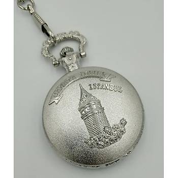 Klasik Kuvars Köstekli Cep Saati Silver Antika Kemer Zincirli Galata Kulesi Desenli